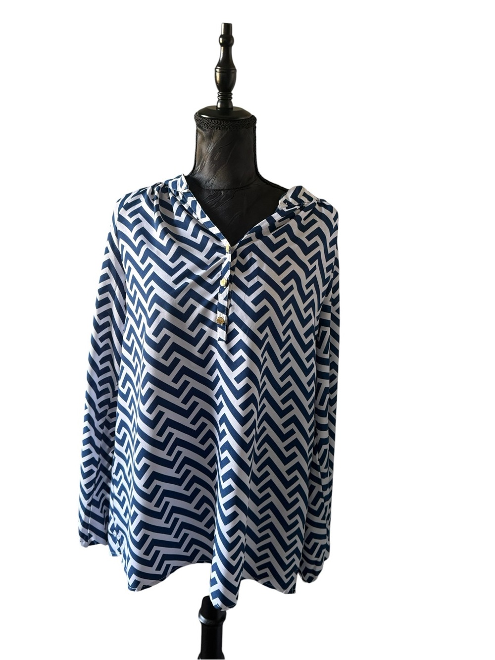 All For Color Women’s Blue White Geometric Blouse Size L Long Sleeve Resort Top